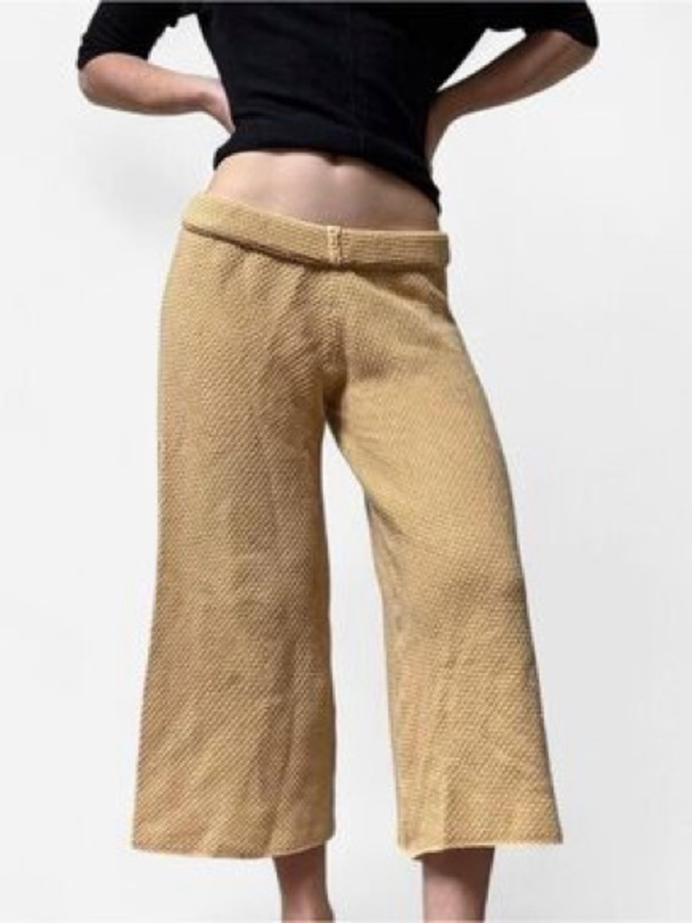 Free People Beach Hailee Waffle Knit Pants Gold Mustard Wide Leg Crop Sz small